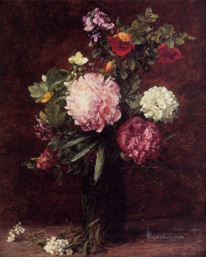 フラワーズ Painting - 花 3 つの牡丹の花の大きな花束 花画家 アンリ ファンタン ラトゥール